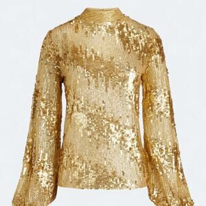 Express Sequin Mock Neck Balloon Gold Sleeve Top Womens Size S